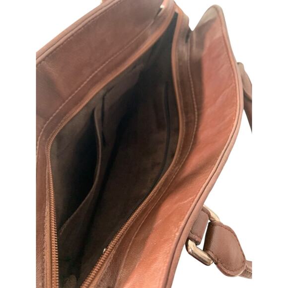 Vintage 1990s Brown Faux Leather Satchel Tote Handbag Silvertone Hardware - Picture 6 of 8